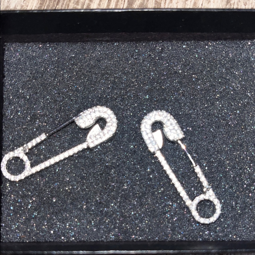 Crystal Safety Pin Drop Earrings — Silver Tone
